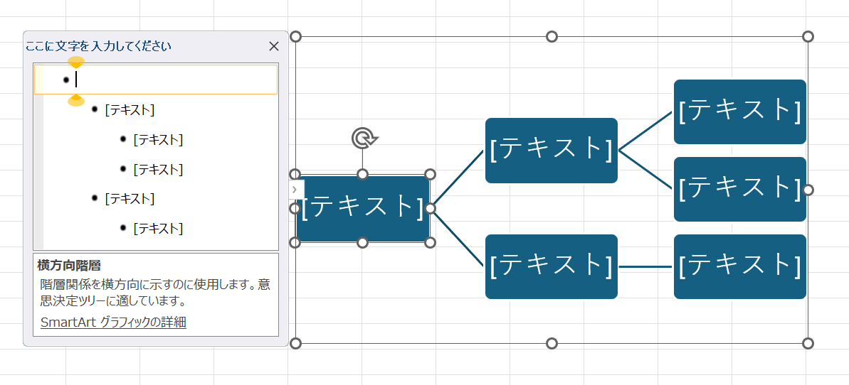 シートに挿入されたSmartArtの左側にあるテキストウィンドウに、各工程のテキストを入力